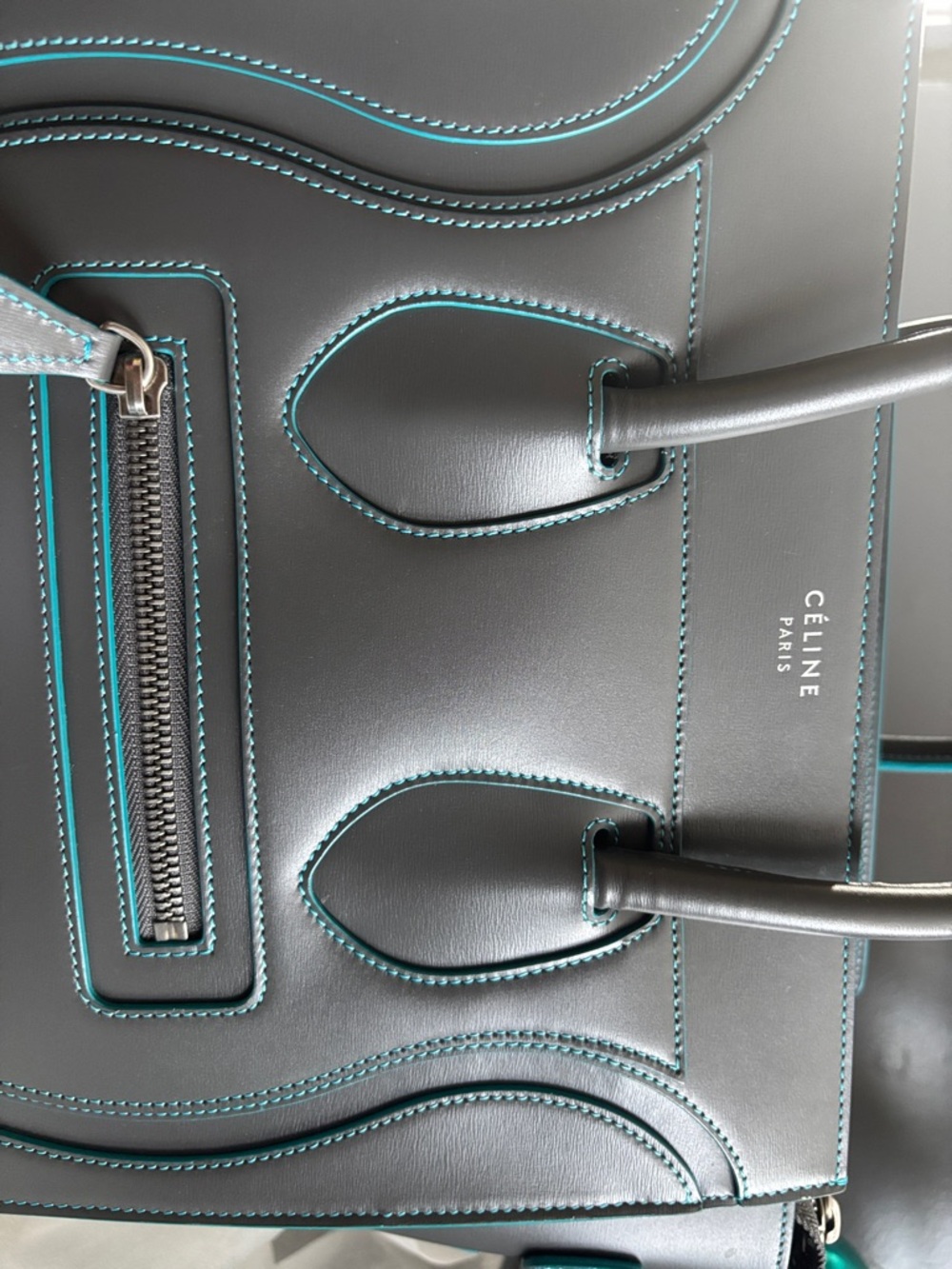Celine Nano Luggage Gray Tote with Teal Trim - Picture 3 of 6